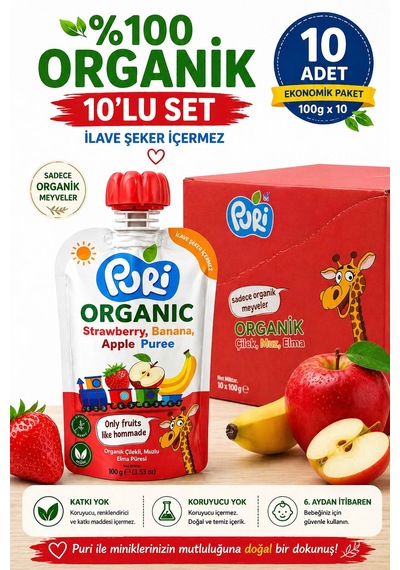 Organic Çilekli, Muzlu Elma Püresi 100 G x 10 %100 Organik İlave Şekersiz 10'lu Paket