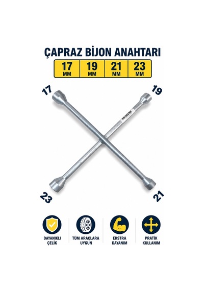 Moonshop Çapraz Bijon Anahtarı 17-19-21-23 Mm Ağır Hizmet Tipi Lastik Sökme Takma Anahtarı