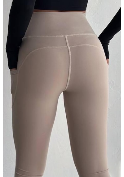 Balenbi Haute Kadın Yüksek Bel Toparlayıcı Çift Cepli Leggings Fitness Tayt 1092 Bej