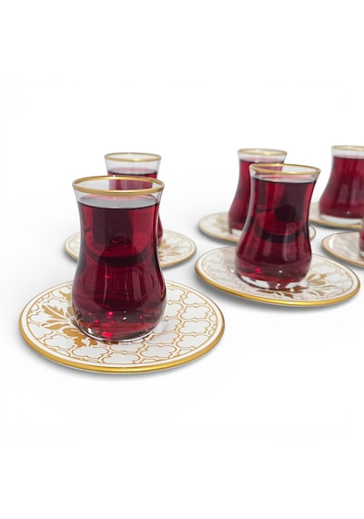 Sudedi Home Altın Yaldızlı Desenli Çay Bardağı Takımı 6 Kişilik Cam Çay Seti Çok Renkli