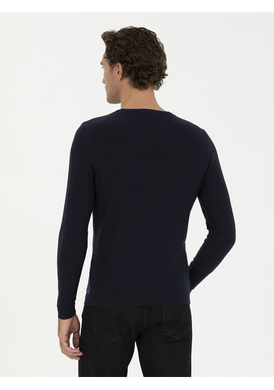 Cacharel Lacivert Slim Fit %100 Pamuk Bisiklet Yaka Triko Kazak