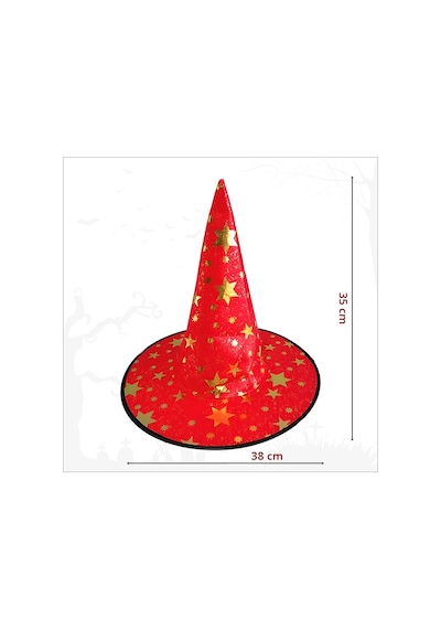 Yıldız Desenli Hallloween Cadı Şapkası, 38cm - Kırmızı