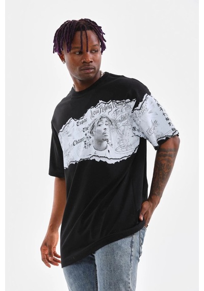 Ertaştrendstore Erkek Bisiklet Yaka Baskılı Oversize T-shirt - Siyah Çok Renk