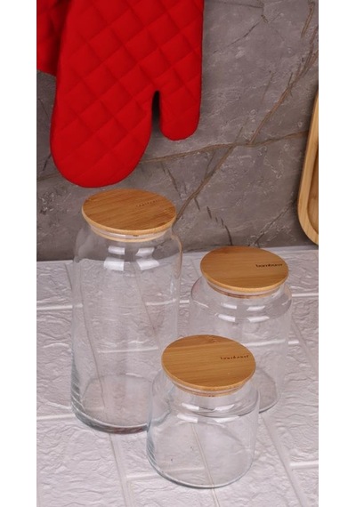 Zone - 3'lü Cam Saklama Kabı 600ml-800ml-1300ml Vakumlu Bambu Kapaklı Sku: Smgstk2819dbc246
