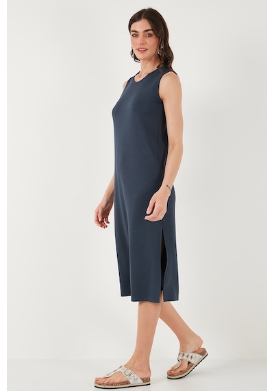 Lela Regular Fit Bisiklet Yaka Yırtmaç Detaylı Basic Midi Bayan Elbise 5866160 Füme