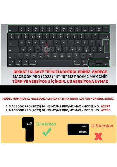 NovStrap Apple Uyumlu MacBook Pro 2023 14 inç M2 A2779 Türkçe Q Klavye Siyah Klavye Koruyucu Kılıf