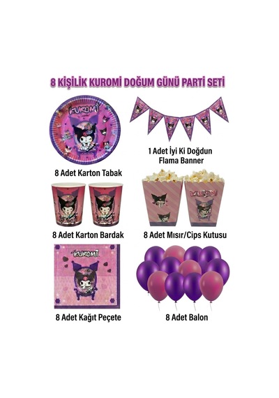 Kuromi Temalı Doğum Günü Parti Seti 8 Kişilik Tabak, Bardak, Balon, Flama, Popcorn Kutusu, Peçete