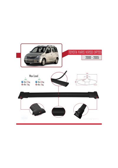 Toyota Yaris Verso Xp20 2000-2005 Arası İle Uyumlu Fly Model Ara Atkı Tavan Barı Siyah 3 Adet Bar
