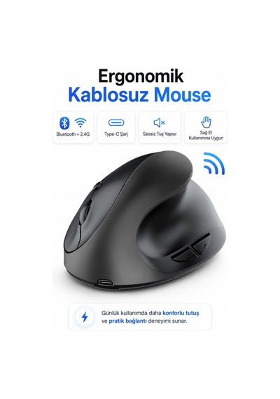 Type-c Şarjlı Dikey Ergonomik Kablosuz Mouse Bluetooth Siyah Sağ El Kullanımına Uygundur Çok Renkli Diğer Type-c Şarjlı Dikey Ergonomik Kablosuz Mouse Bluetooth Siyah Sağ El Kullanımına Uygundur Çok Renkli Diğer