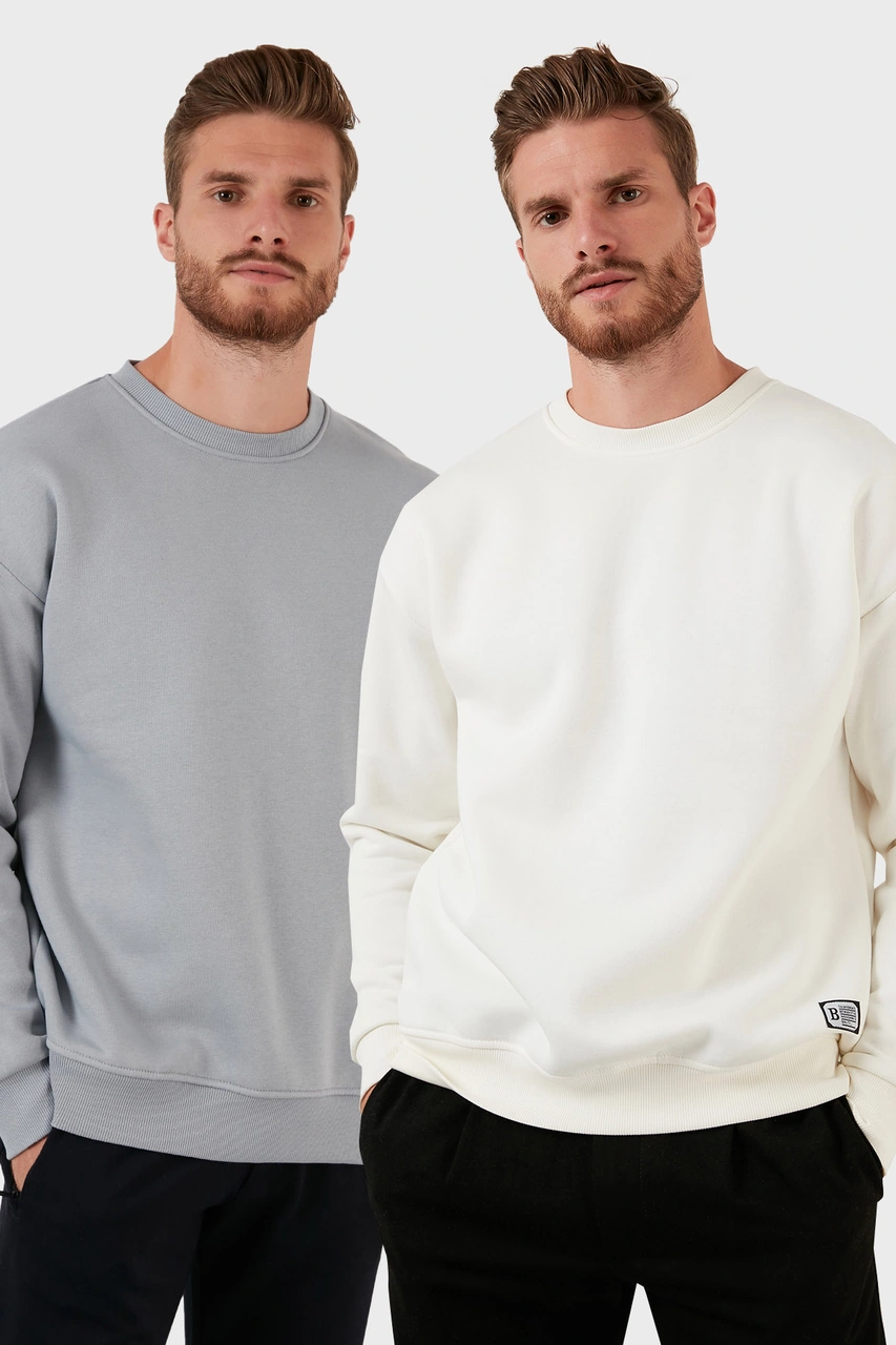 Buratti Regular Fit Bisiklet Yaka Şardonlu 2'Li Paket Erkek Sweat 5905255S2 Açık Gri-Ekru