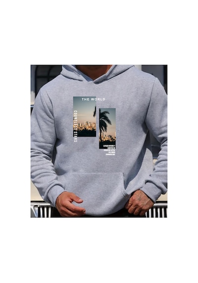 Herkesemoda The World Baskı Detaylı Kapüşonlu Sweatshırt Gri Gri