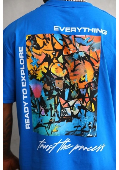 Erkek Bisiklet Yaka Baskılı Oversize T-shirt - Mavi