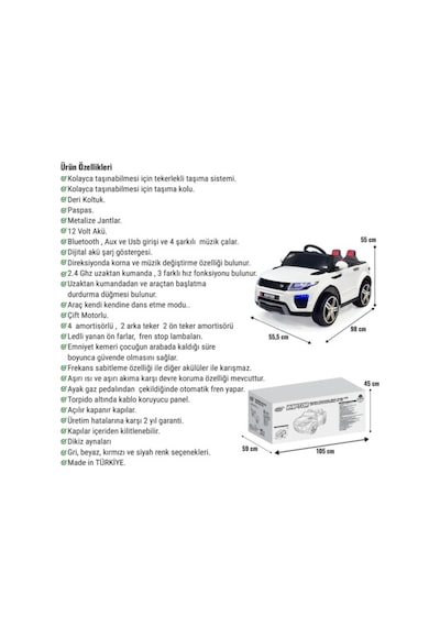 Bebemango Raptor Gt 12v Uzaktan Kumandalı Akülü Çocuk Arabası Çift Motorlu Led Farlı Beyaz