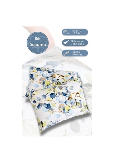Yastık Kılıfı 2 Li Flora Percale Baskılı %100 Pamuk 50x70 Cm Beyaz