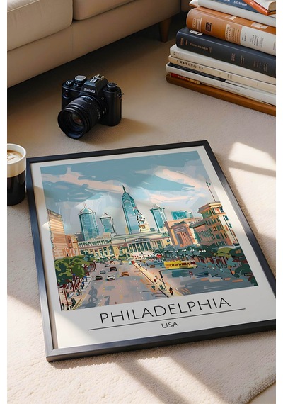 Abd Philadelphia Temalı Çerçeveli Tablo Travel Serisi Modern İllüstrasyon Şehir Duvar Dekoru Siyah