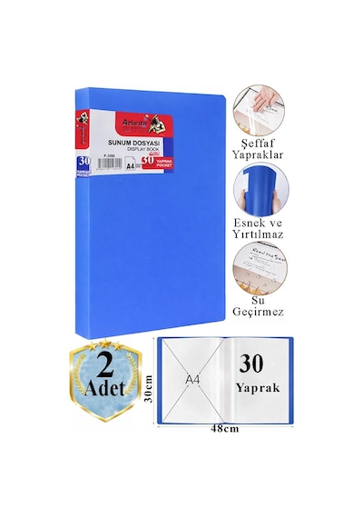 Mavi Sunum Dosyası 30 Lu 2 Adet Poşet Dosyalı Katalog Dosyası 30 Poşetli Kendinden Dosya Plastik Kapaklı Mavi