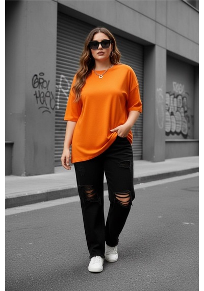 Mily Kadın Büyük Beden Battal Basic Bisiklet Yaka Pamuklu T-shirt Rahat Kesim Unisex Sevgili Kombini Turuncu Mily Kadın Büyük Beden Battal Basic Bisiklet Yaka Pamuklu T-shirt Rahat Kesim Unisex Sevgili Kombini Turuncu