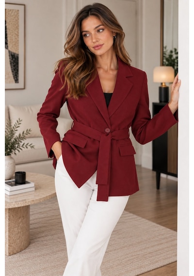 Lima Bordo Kadın Kuşaklı Blazer Ceket Klasik Yaka Tek Düğmeli Cepli Şık Ceket