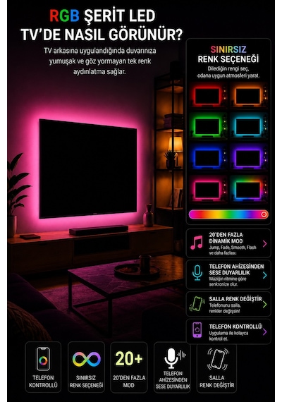 Tv Arkası Telefon Kontrollü Rgb Şerit Led Sınırsız Renk 20 Mod 12v Kendinden Yapışkanlı Led Işık