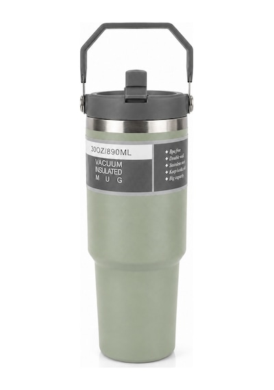 890 Ml Çelik Termos Bardak, 3 Şekilde Ağız Kullanımlı, Sızdırmaz Paslanmaz Çelik Pipetli Bardak Yeşil