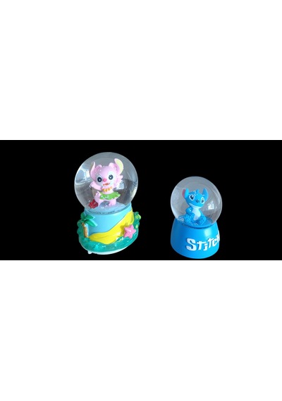 9cm-6cm Sarı Altlıklı Işıklı Mavi Renk Ve 11cm X7 Cm Pilli Pembe Işıklı Hediyelik-dekoratif 2 Li Stitch Kar Küresi 11x9