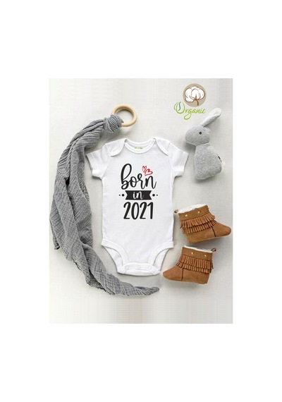 Babylimon Unisex Born In 2021 Baskılı Organik Kısa Kol Çıtçıtlı Bebek Body Beyaz - 110790582 Beyaz