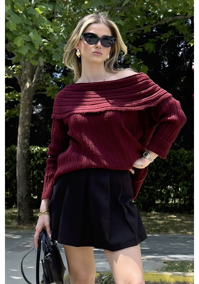 Lela Oversize Fit Madonna Yaka Triko Bayan Kazak 4615216 Bordo