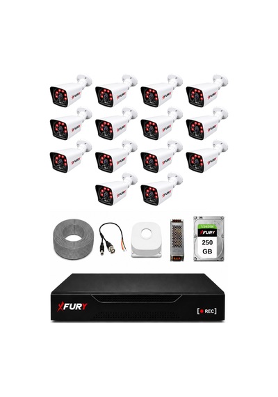 Fury 14 Kameralı Güvenlik Kamera Seti 2mp 1080p Full Hd 6 Atom Led Gece Görüşlü 250gb Hdd 5525