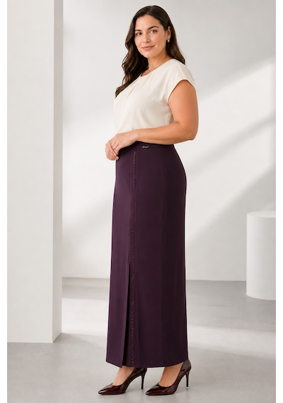 Bihan Store Taş Şerit Detaylı Ön Yırtmaçlı Kadın Uzun Çan Etek 3755-mor
