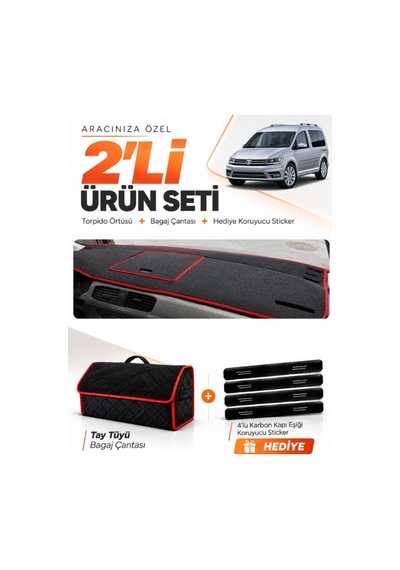 E-biz Volkswagen Caddy 2015-2021 Uyumlu Torpido Örtüsü + Tay Tüyü Çanta - Siyah-kırmızı - Vw003