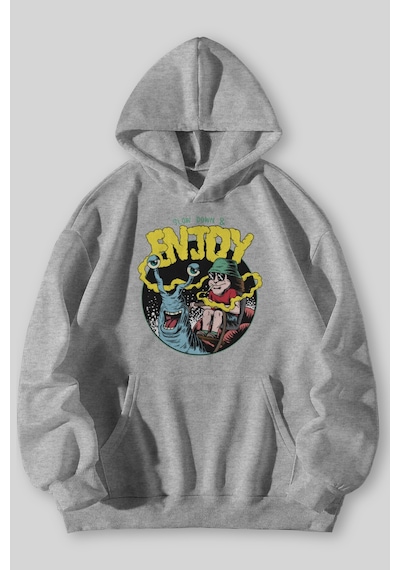 Harmandar Enjoy Baskılı Unisex Siyah Gri Kanguru Cepli Kapüşonlu Sweatshirt Hoodie Gri