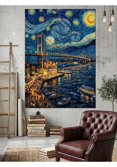 Van Gogh Tarzı Köprü Ve Galata Ve Yıldızlı Gece Dekoratif Kanvas - Mdf Ahşap Tablo Çok Renkli
