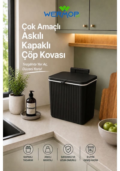 8 Litre Mutfak Tezgâh Üstü Ve Dolap Askılı Kapaklı Çöp Kovası Siyah