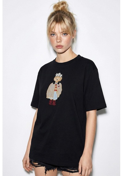 Shade Kadın Köpek Nakışlı Taş İşlemeli Relaxed Fit Pamuk T-shirt 1077 60286067 - Siyah L