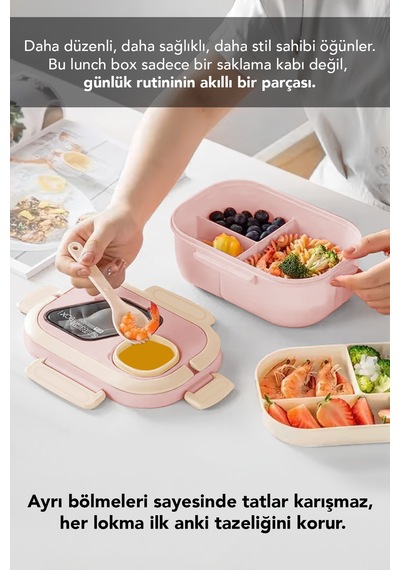 Bondie Kilitli Kapak Yemek Kabı - 2 Katlı Bölmeli Kaşık Ve Sosluklu Lunch Box Beslenme Kutusu Pembe