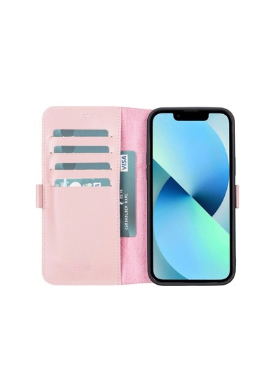 Apple iPhone 13 Pro Max Uyumlu Deri Cüzdanlı Kılıf Toz Pembe Çok Renkli
