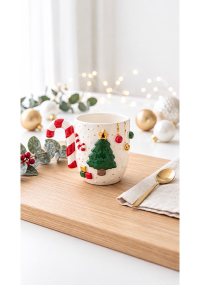 Çam Ağacı Seramik Mug 300 Ml El Yapımı 24k Altın Detaylı Yılbaşı Kupası Yeşil - Altın