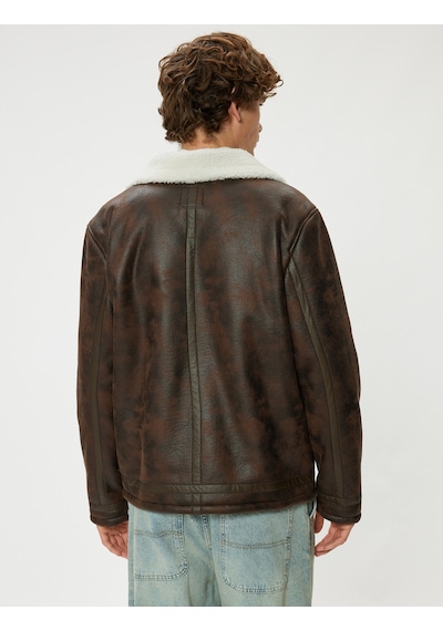 Koton Suni Deri Ceket İçi Peluşlu Slim Fit Gömlek Yaka Kahverengi 5wam20053hw Kahverengi