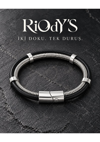 Riody's Doppio Erkek Bileklik Çelik Ve Siyah Deri Çift Sıra Bas-aç Kilitli Modern Tasarım Gümüş - Siyah