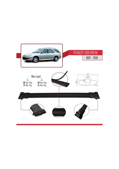 Peugeot 306 Estate 1997-2001 Arası İle Uyumlu Fly Model Ara Atkı Tavan Barı Siyah