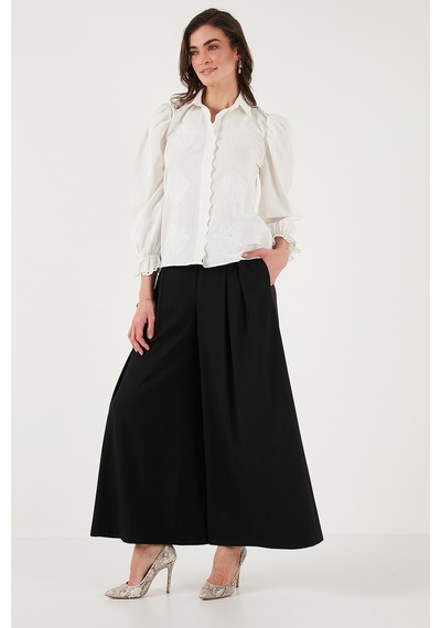 Lela Pamuklu Slim Fit Nakışlı Balon Kol Bayan Gömlek 676208 Ekru