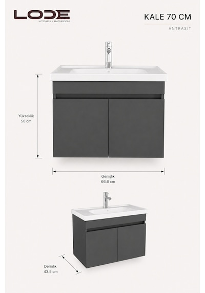 Lode Bath Kale Antrasit Demonte Lavabolu Alt Banyo Dolabı, Seramik Lavabo Dahil 80 Cm