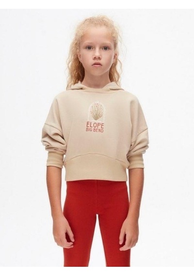 Kız Çocuk Pamuklu Orta Kalınlık Kapüşonlu Crop Sweatshirt-14707 Vizon