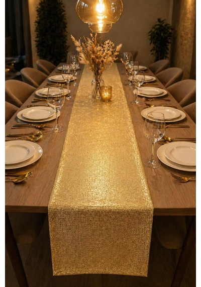 Lumen Serisi Silver 40x300 Cm Simli Dokuma Uzun Runner Modern Lüks Masa Örtüsü 8-10 Kişilik Altın