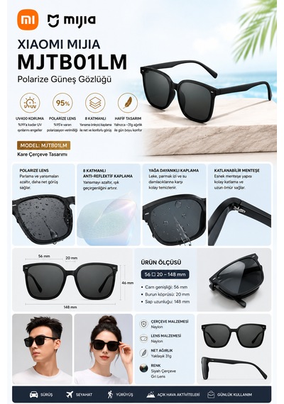 Mijia Square Polarize %95+ Oar Kaplama Uv400 Unisex Güneş Gözlüğü Hd Nylon Lens Siyah Çerçeve Mjtb01lm