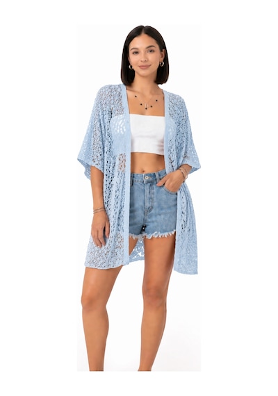 Trend Alisse Kadın Dantel Görünümlü File Kimono Pareo Hırka Camgöbeği