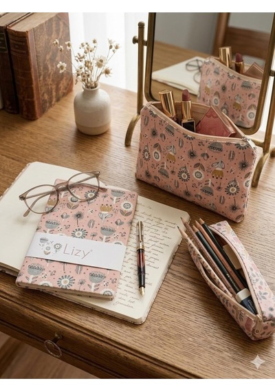 Desenli Defter, Kalemlik, Cüzdan Ve El Çantası Seti, Pembe, 96 Sayfa, 14x20 Cm Cok Renkli