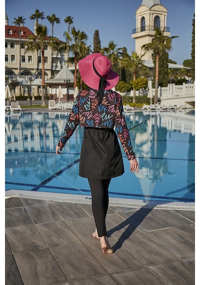 Remsa Color Neon Crop Görünümlü Önü Kapaklı Tam Kapalı Tesettür Mayo Rms-r046-26 Siyah