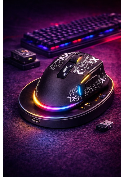 24000 Dpı Rgb Gaming Mouse Kablosuz + Bluetooth + Kablolu Lcd Ekranlı Şarj Standlı Profesyonel Oyuncu Mouse X-ks2n