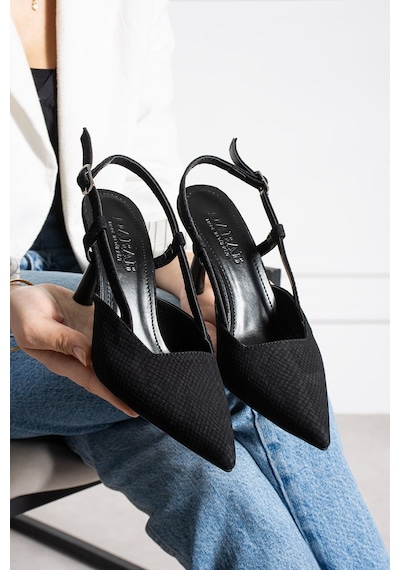 Dabab Shoes Snape Kadın Siyah Yılan Desenli Sivri Burun 7 Cm Topuklu Slingback Ayakkabı
